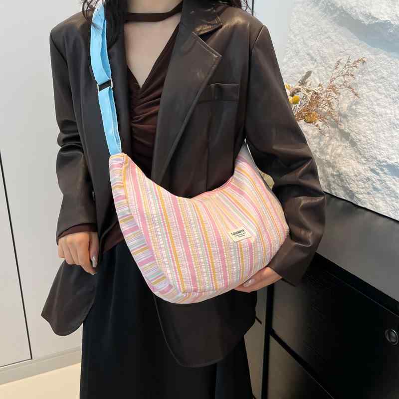 樂天商城 - ショルダーバッグ レディース かばん 斜め掛け 肩掛け 餃子バッグ マカロンカラー ストライプ ボーダー 高級感 カジュアル スポーティ ポシェット メッセンジャーバッグ デイリー ユース 日常使い 軽量 ポリエステル ファスナー開閉 ピンク 天ブルー