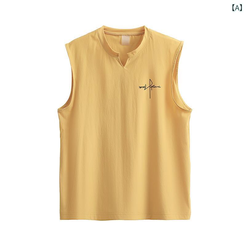 タンクトップ メンズ 男性用 ノースリーブ Tシャツ 接触冷感 トップス カットソー インナー スポーツ 運動 普段使い 日常 カジュアル 部屋着 ルームウェア 薄手 吸汗速乾 伸縮性 ストレッチ 涼しい 無地 姜黄 浅灰 深灰