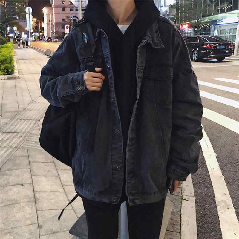 樂天商城 - ジャケット メンズ 秋 アウター デニムジャケット ジージャン Gジャン ワークジャケット 工装 上着 羽織り ブルゾン 港風 ゆったり ルーズ カジュアル トップス 長袖 折り襟 シングルボタン 無地 綿100% ブラック ブルー