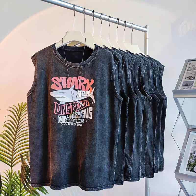 タンクトップ メンズ レディース ユニセックス 男女兼用 ノースリーブ Tシャツ 綿100％ コットン カットソー トップス ゆったり 運動着 スポーツ 普段着 カジュアル レトロ プリント アメカジ 鮫柄 インナーウエア 涼しい 春夏