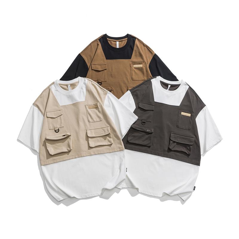 樂天商城 - Tシャツ メンズ 半袖 カットソー トップス 半袖Tシャツ ティーシャツ 男性用 カジュアル アメカジ レトロ ゆったり ビッグシルエット 切り替え ポケット付き 丸首 クルーネック コットン 綿 通気性 深灰 杏 コーヒー