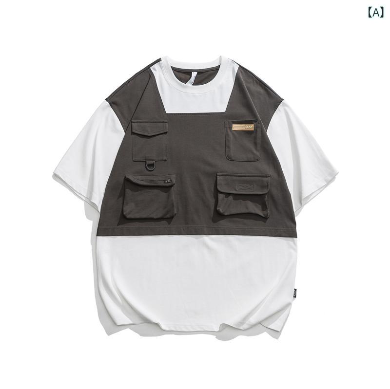 Tシャツ メンズ 半袖 カットソー トップス 半袖Tシャツ ティーシャツ 男性用 カジュアル アメカジ レトロ ゆったり ビッグシルエット 切り替え ポケット付き 丸首 クルーネック コットン 綿 通気性 深灰 杏 コーヒー remake-buddy-10592554 リメイクバディー サンプル画像2