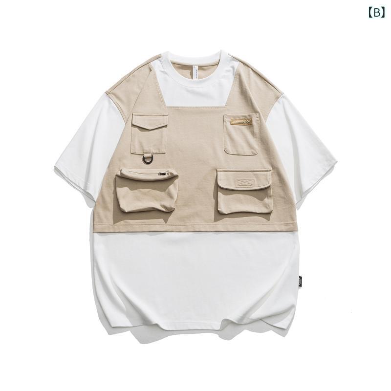 Tシャツ メンズ 半袖 カットソー トップス 半袖Tシャツ ティーシャツ 男性用 カジュアル アメカジ レトロ ゆったり ビッグシルエット 切り替え ポケット付き 丸首 クルーネック コットン 綿 通気性 深灰 杏 コーヒー remake-buddy-10592554 リメイクバディー サンプル画像3