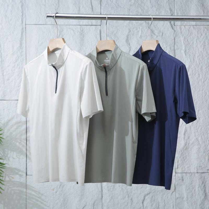 樂天商城 - Tシャツ メンズ 半袖 カットソー トップス ハーフジップ 立ち襟 スタンドカラー 接触冷感 吸湿速乾 高弾力 伸縮性 通気性 耐磨耗 スポーツ アウトドア レジャー カーキ 艾葉グリーン ブルー 薄手 無地 動きやすい 快適