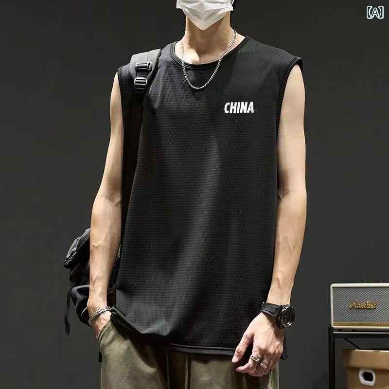 タンクトップ メンズ トップス ノースリーブ Tシャツ 接触冷感 メッシュ スポーツ ウェア 馬甲 ベスト インナー 通気性 吸湿 速乾 筋トレ ジム フィットネス ランニング カジュアル ゆったり 英字 プリント おしゃれ 薄手 黒 白