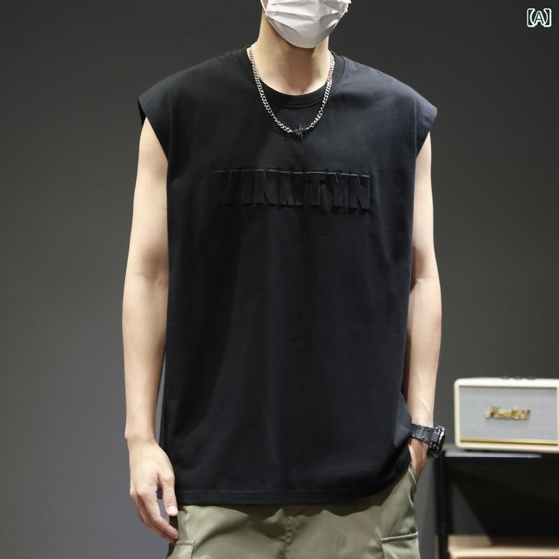 Tシャツ メンズ ノースリーブ タンクトップ 運動用 トップス サマーベスト ゆったり ぽっちゃり プラスサイズ 大きいサイズ ビッグサイズ 運動着 スポーツウエア レジャー 薄手 英字 プリント 丸裾 ブラック 灰色 部屋着