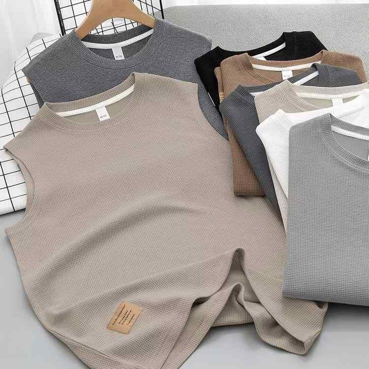 タンクトップ メンズ 男性用 ノースリーブ トップス ワッフル Tシャツ カットソー 袖なし 運動着 スポーツウェア 部屋着 ルームウェア カジュアル ゆったり 大きめ 無地 トレーニング フィットネス 筋トレ 吸汗 通気性 ブラック ホワイト カーキ