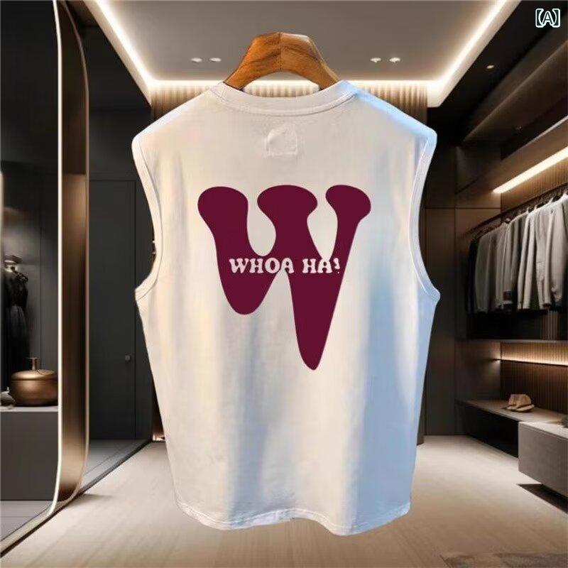リメイクバディーのタンクトップ メンズ 男性用 ノースリーブ Tシャツ カットソー トップス 袖なし 運動用 スポーツ 部屋着 カジュアル ランニングウェア インナー 100%綿 コットン 250g 长绒棉 ゆったり プリント キャラクター 丸首 白 黒｜アングル2