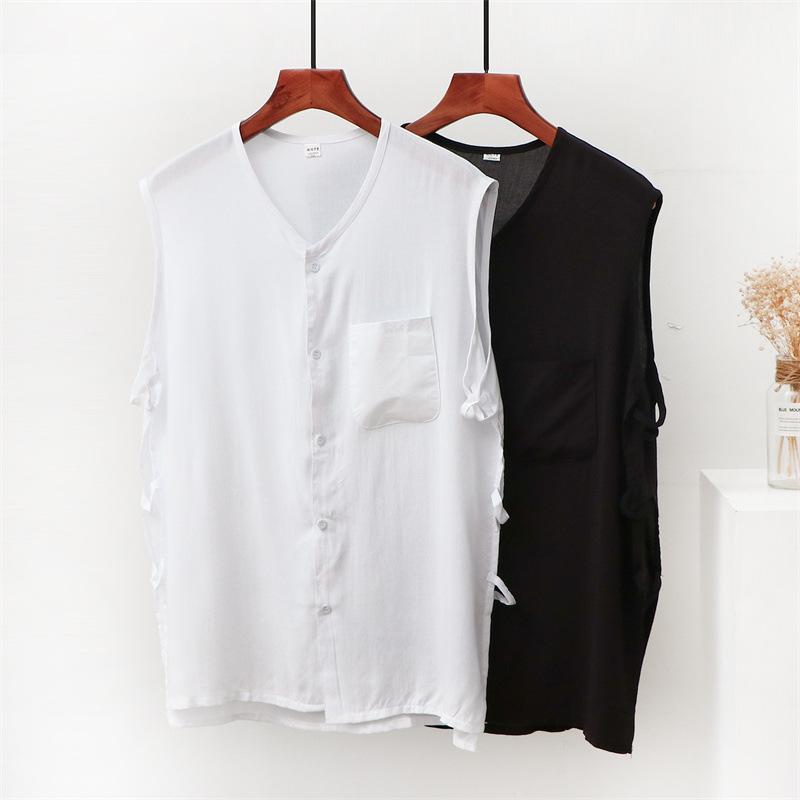 Tシャツ メンズ 男性用 トップス ベスト ノースリーブ Vネック タンクトップ 前開き 羽織り ボタン 人造綿 レーヨン 薄手 涼しい ゆったり ビッグサイズ 大きいサイズ 無地 カジュアル 部屋着 ルームウェア ホワイト ブラック