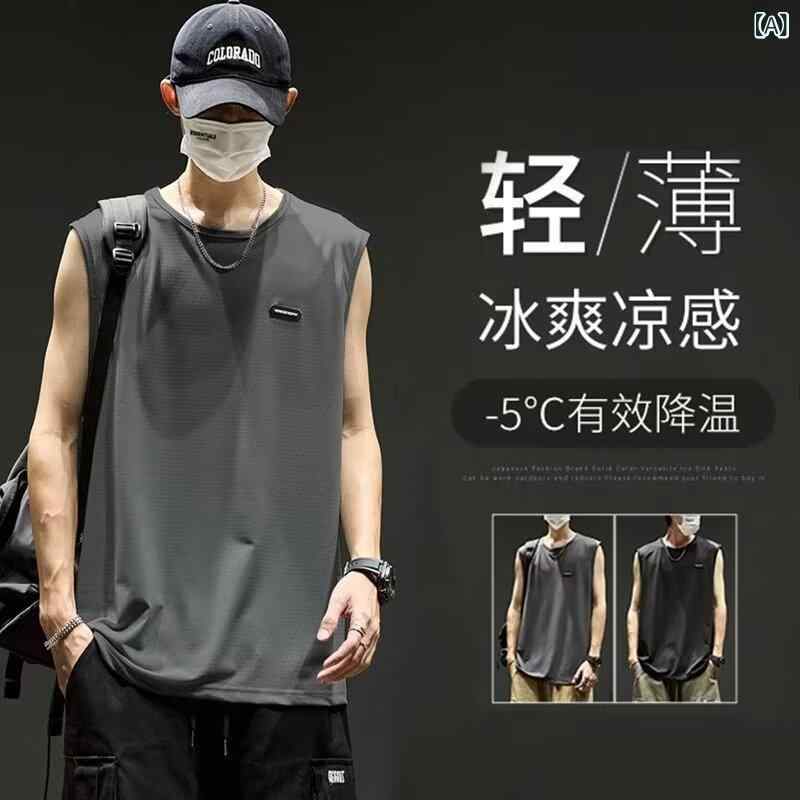 Tシャツ メンズ 接触冷感 ノースリーブ タンクトップ トップス 袖なし カットソー ランニングシャツ スポーツ ウェア 運動 フィットネス ジム トレーニング メッシュ 通気性 吸汗速乾 快適 無地 ルームウェア 部屋着 大きめ 深グレー