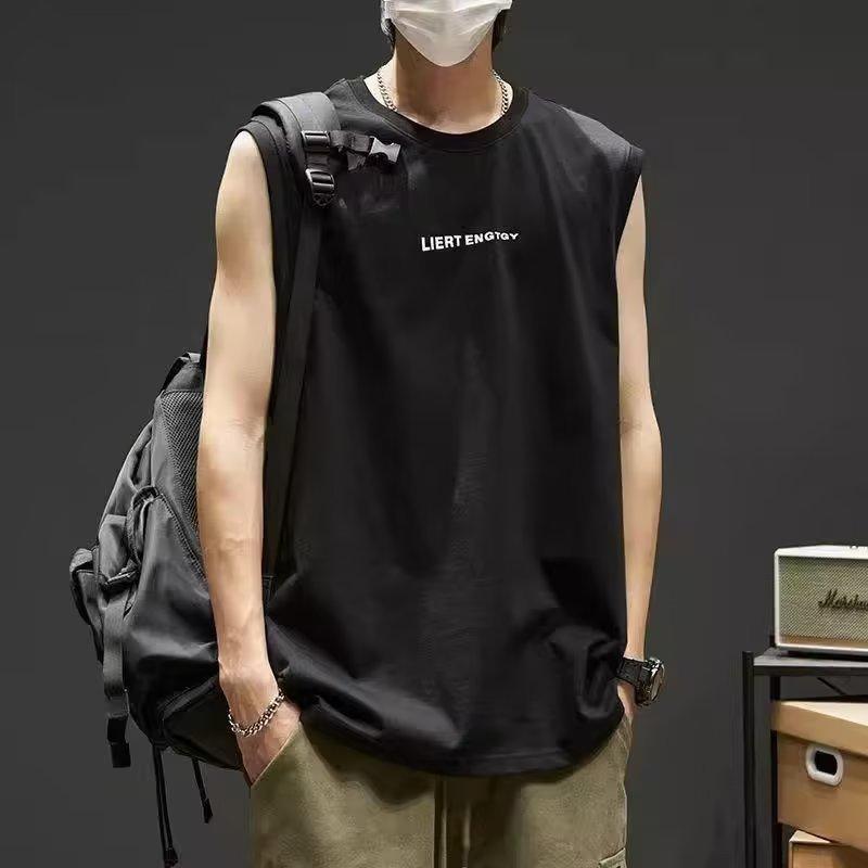 タンクトップ メンズ トップス ノースリーブ Tシャツ 運動着 スポーツウェア コットン 綿 袖なし 普段使い ストリート系 ゆったり 丸首 ラウンドネック ロゴ カジュアル プリント インナー 白色 黒色 深灰色
