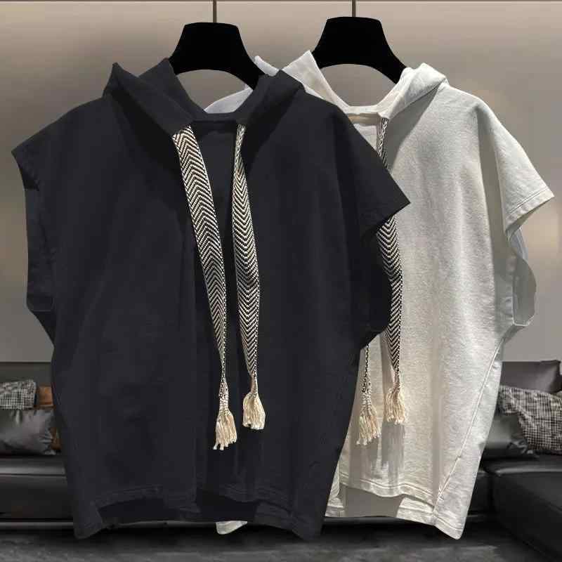 Tシャツ メンズ ノースリーブ フード付き パーカー ベスト プルオーバー トップス チョッキ カットソー スリーブレス 大きいサイズ ゆったり カジュアル シンプル 無地 夏 サマー 韓国風 涼しい おしゃれ ホワイト ブラック