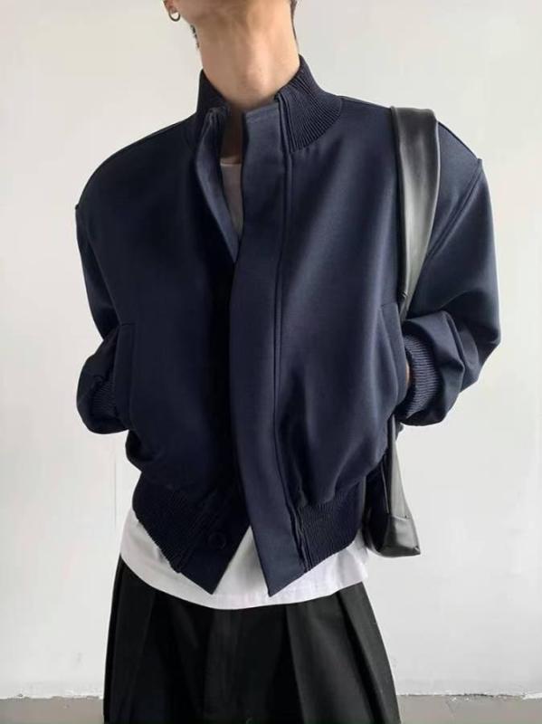 ジャケット メンズ ライトアウター ブルゾン ジャンパー 野球服 棒球服 立ち襟 スタンドカラー シングルボタン ルーズフィット ゆったり 普段使い 日常 カジュアル 青春 トレンド 10代 20代 春秋 厚手 撥水 防風 ポリエステル ブラック 紺