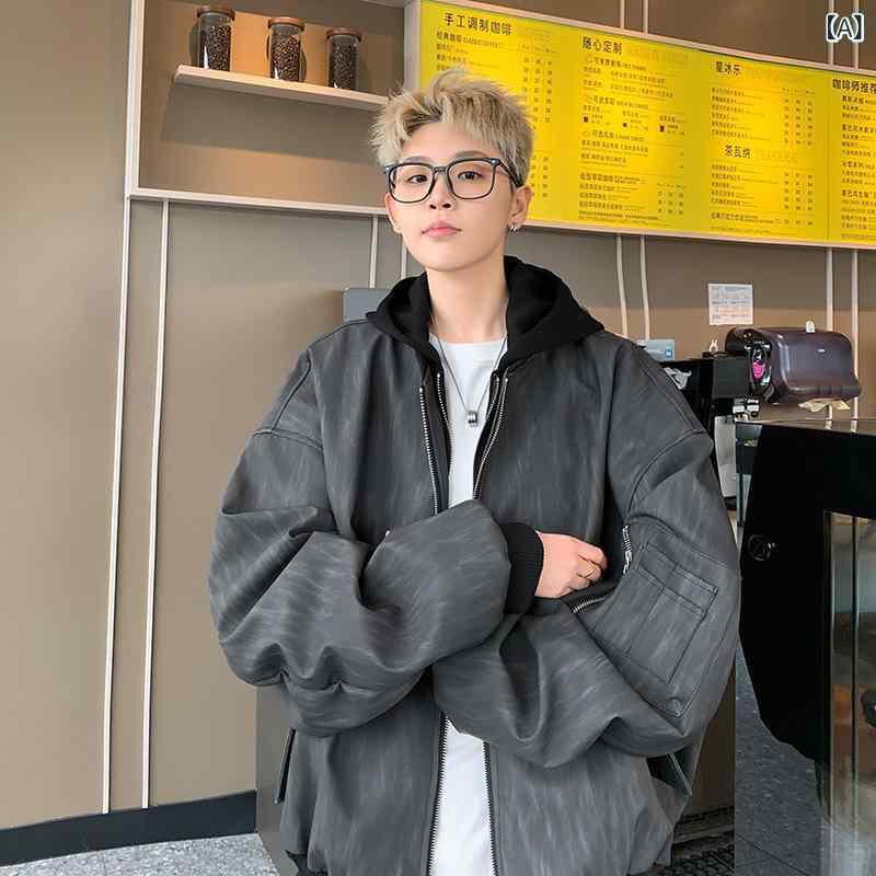 レザージャケット メンズ フード付き フェイクレイヤード 重ね着風 レザーパーカー アウター 飛行服 フライトジャケット ブルゾン 羽織り 酢酸繊維 長袖 ルーズ ゆったり カジュアル アメカジ 無地 黒灰 秋冬物 男性用