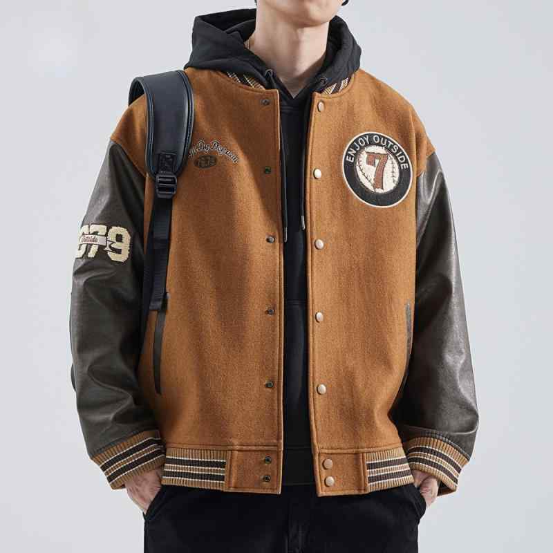 ジャケット メンズ アウター ブルゾン ウール スタジャン 野球服 異素材切り替え レザージャケット 暖かい 軽い 防寒 防風 上着 カジュアル ストリート ヴィンテージ風 レトロ ゆったり 大きいサイズ フード付き バイカラー 茶
