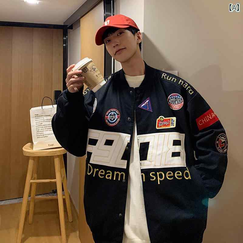 ジャケット メンズ 野球服 ジャンパー アウター 刺しゅう ブルゾン 羽織り 長袖 レトロ ヴィンテージ風 ストリート系 ビッグシルエット ルーズ スポーティー カジュアル 普段使い 春秋 黒 アイボリー