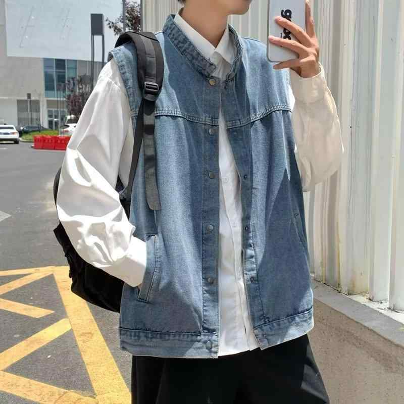 乐天商城 - ベスト メンズ 春秋 デニムベスト ジレ チョッキ 袖なし ノースリーブ ワークベスト ジャケット アウター 羽織り トップス カジュアル 普段使い 青年 ティーンエイジャー 綿 前開き ボタン 襟付き ポケット付き 無地 ゆったり 楽ちん ブルー