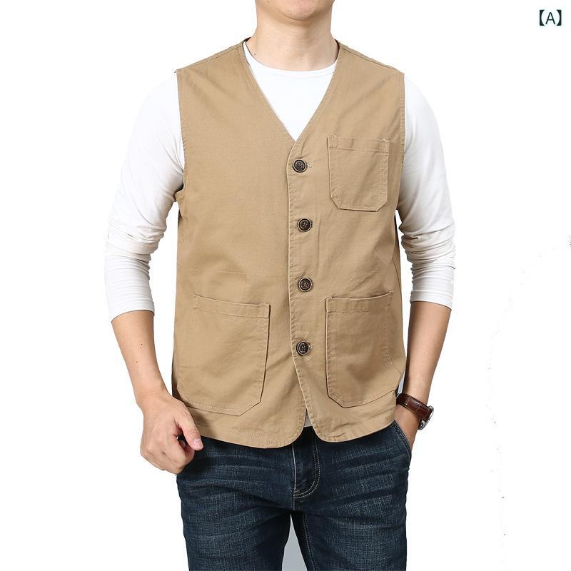 ベスト メンズ 男性用 ジレ チョッキ 前開き Vネック 単排ボタン ポケット付き トップス ノースリーブ 綿 コットン 薄手 軽量 アウター カジュアル 紳士用 中高年 シニア 春秋 カーキ 深緑 ブラック 大きいサイズ remake-buddy-10595261 リメイクバディー サンプル画像2