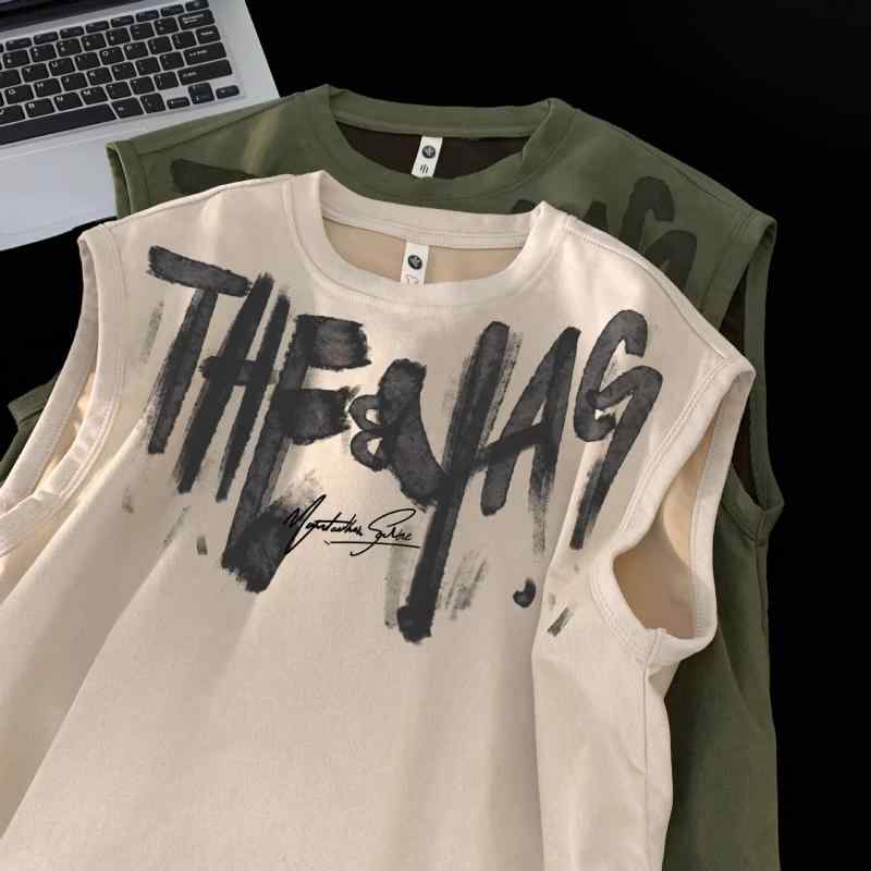Tシャツ メンズ ノースリーブ タンクトップ ベスト スエード調 麂皮绒 トップス カットソー アメリカン ストリート グラフィティ 落書き ゆったり 大きいサイズ ビッグシルエット カジュアル スポーティー フィットネス 運動 部屋着 春夏 黒 杏 ピ