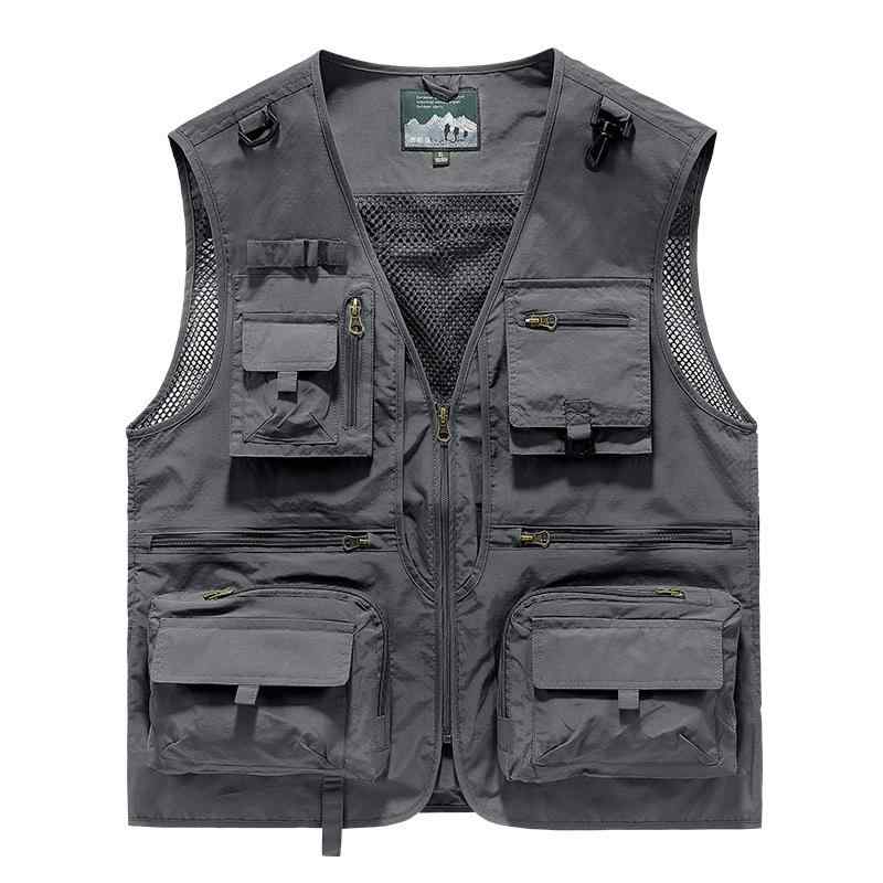 ベスト メンズ 男性用 チョッキ トップス アウトドア 釣り フィッシング カメラマン 登山 ハイキング 散歩 レジャー キャンプ 薄手 Vネック ノースリーブ 前開き ジッパー 多機能 多ポケット 立体ポケット ナイロン カーキ 灰色 remake-buddy-10594942 リメイクバディー パッケージ画像