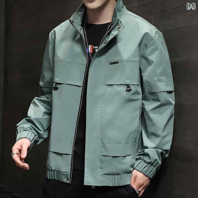 ジャケット メンズ アウター ブルゾン 野球ユニフォーム 棒球服風 スタジャン ジャンパー 上着 長袖 トップス カジュアル 立ち襟 ジップアップ ゆったり ポケット付き 普段使い 春秋 防寒 ブラック グリーン ブルー