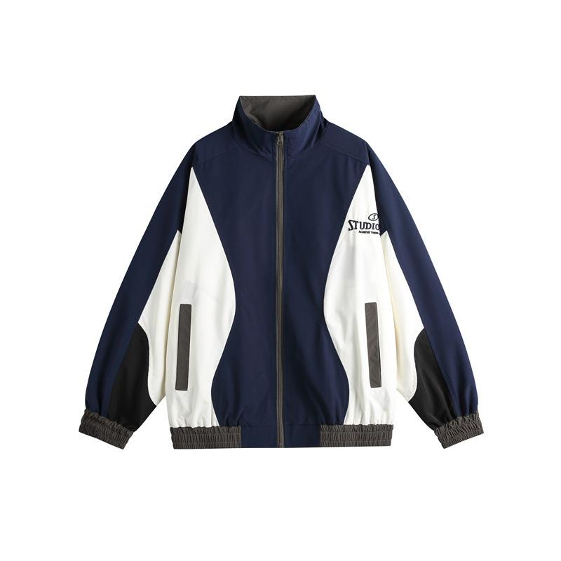 樂天商城 - ジャケット メンズ コーチジャケット アウター トップス 羽織り ジャンパー ブルゾン 秋物 秋冬 長袖 配色 切り替え スタンドカラー 立ち襟 ジップアップ ゆったり カジュアル ストリート 普段使い 通学用 ポリエステル オフホワイト ネイビー