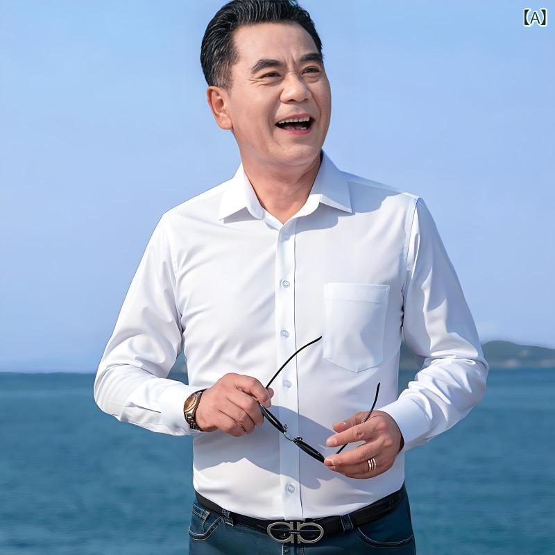 シャツ メンズ 長袖 紳士 ビジネス カジュアル ワイシャツ トップス 父親 お父さん シニア 中高年 ゆったり レギュラーカラー 無地 ポケット付き 麻 シルク 混紡 快適 涼しい 通気性 清涼感 白 黒 ライトブルー 紺 remake-buddy-10596155 リメイクバディー サンプル画像2
