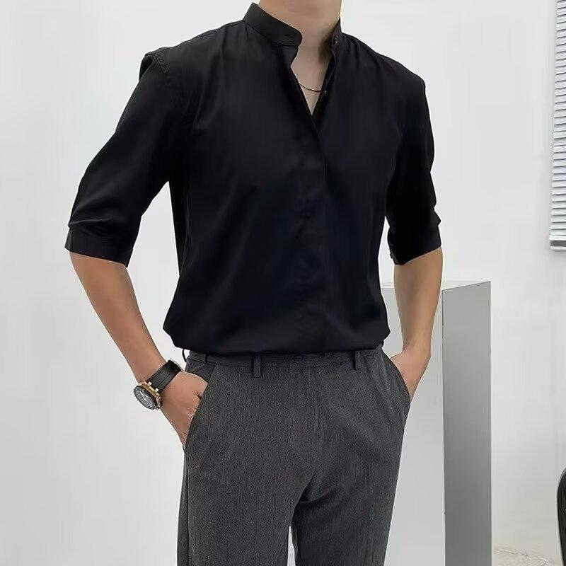 シャツ メンズ 男性用 トップス 立ち襟 マオカラー 五分袖 半袖 カジュアル 接触冷感 とろみ感 ドレープ 形態安定 シワになりにくい ポ..
