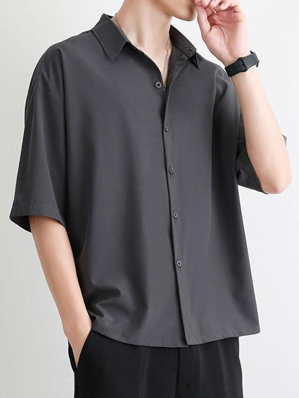樂天商城 - シャツ メンズ 半袖 接触冷感 カジュアルシャツ 五分袖 トップス 開襟シャツ 襟付き 無地 涼しい 通気性 軽い 軽量 ポリエステル ブラック ホワイト グレー 黒 白 灰色 青春 ポート風 普段着 ゆったり ルーズ