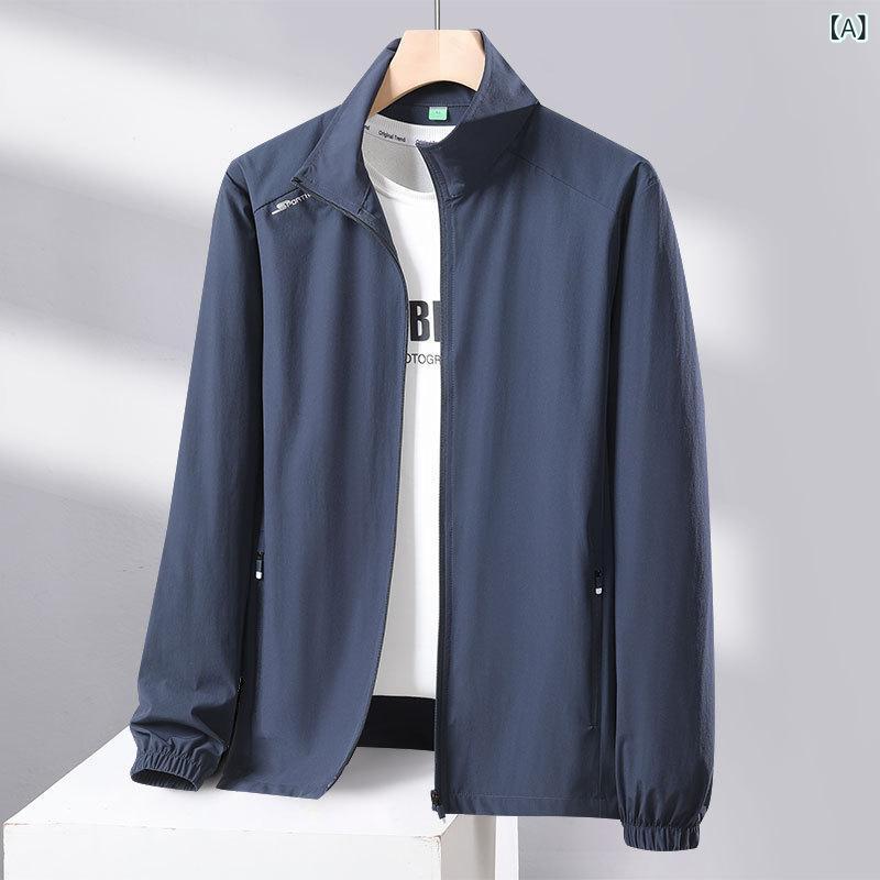 Rakuten - ジャケット メンズ 夏 接触冷感 アウター 日焼け止め服 防紫外線 UVカット UPF50+ フードなし スタンドカラー 立ち襟 釣り フィッシング アウトドア 薄手 軽量 通気性 速乾 ジップアップ カジュアル 紳士 40代 50代 灰青 灰緑 黒