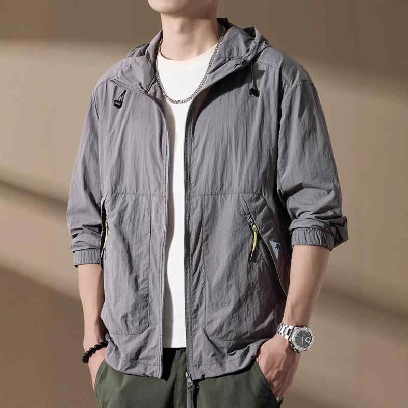 防晒衣 メンズ 男性用 アウター 上着 日焼け止め 服 フード付き ジャケット 長袖 接触冷感 速乾 通気性 軽量 紫外線対策 薄手 ゆったり 普段使い アウトドア スポーツ 幻影グレー 曜石ブラック オレンジ