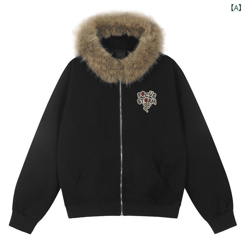 樂天商城 - パーカー メンズ レディース 男女兼用 トップス スウェット ジャケット 厚手 長袖 フード付き ジップアップ 羽織り 上着 裏起毛 刺繍 防寒 暖かい ゆったり 大きいサイズ ヴィンテージ風 レトロ カジュアル スポーティー コットン 綿 ブラック グ