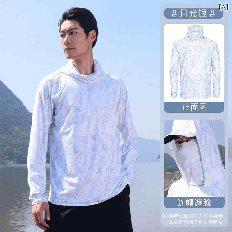 Men's Outerwear: UV Protection Hoodie with Hood, Cooling Fabric, Quick-Drying, Lightweight, Breathable, UV Protection, Suitable for Fishing, Hiking, Cycling, and Other Sports Activities. Features a zip-up design, contrasting colors, and mesh material for a relaxed fit.