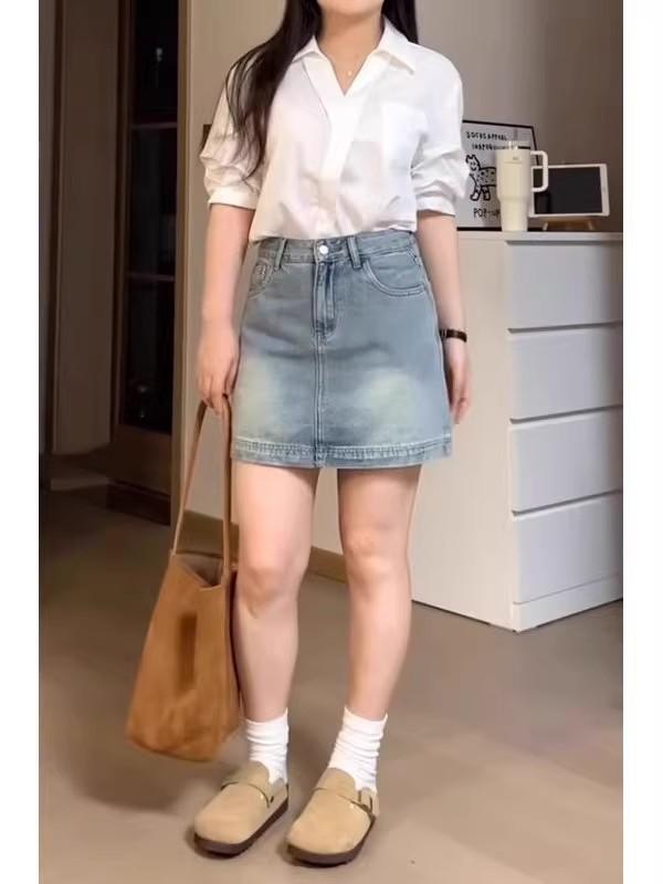 半身裙 レディース デニムスカート ショートスカート ミニスカート Aライン ハイウエスト ぽっちゃり 体型カバー 着痩せ レトロ ヴィンテージ風 コットン 綿 伸縮性 カジュアル デニム 無地 ブルー