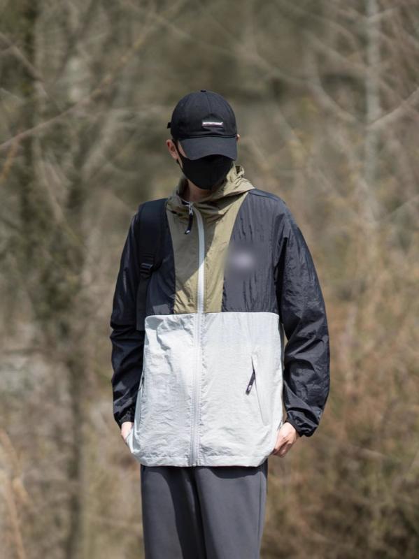 Garments - ジャケット メンズ 接触冷感 防寒 日焼け止め服 防紫外線 アウター ブルゾン ウィンドブレーカー フードなし ジップアップ ナイロン 伸縮性 撥水 吸湿速乾 通気性 薄手 軽量 スポーツ 普段使い レジャー アウトドア カジュアル ブラック カーキ 湖