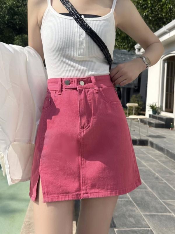 Miniskirt - スカート レディース デニムスカート ミニスカート ボトムス 膝上 Aライン A字 包みヒップ スリット タイト 細見え 着痩せ 大きいサイズ ボタン ファスナー 伸縮性 ストレッチ コットン 綿 欧米風 カジュアル ストリート ブラック ホワイト ロー
