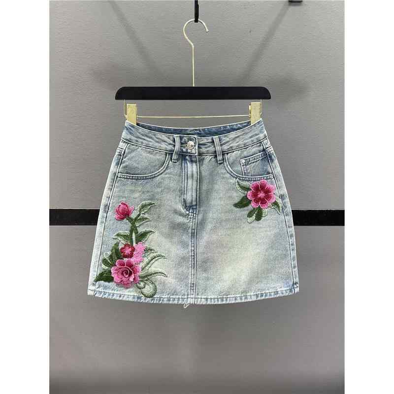スカート レディース チャイナドレス風 ヴィンテージ風 レトロ 花柄 刺繍 ラインストーン デニムスカート ミニスカート A字 ハイウエスト タイト 美脚 痩せ見え 着痩せ デニム コットン 通勤 カジュアル 普段使い 春夏 怀旧ブルー 浅ブルー