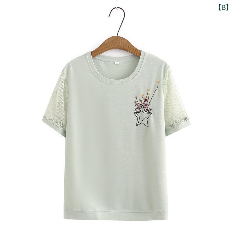 Tシャツ レディース カットソー トップス 半袖 サマー ニットソー プルオーバー 丸首 ラウンドネック 刺繍 刺しゅう メッシュ レース シースルー チュニック ぽっちゃり ミセス シニア 母親 ゆったり 体系カバー 薄手 春夏 パープル 灰緑 ピンク remake-buddy-10602799 リメイクバディー サンプル画像3