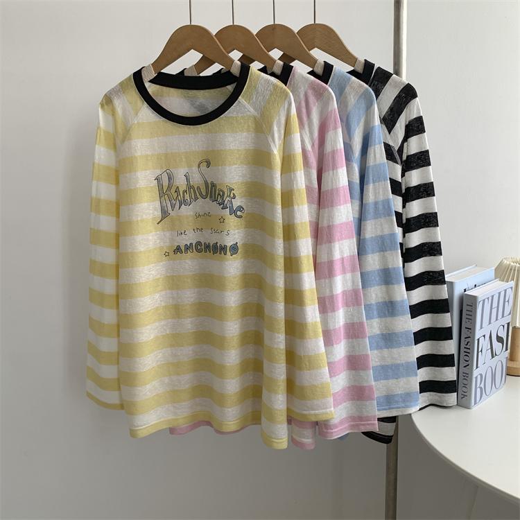 Tシャツ レディース カットソー トップス プルオーバー 接触冷感 シアーシャツ 長袖 丸首 クルーネック チュニック ゆったり 大きいサイズ 綿 コットン ストライプ ボーダー カジュアル 普段使い 春夏 黒 ピンク 黄