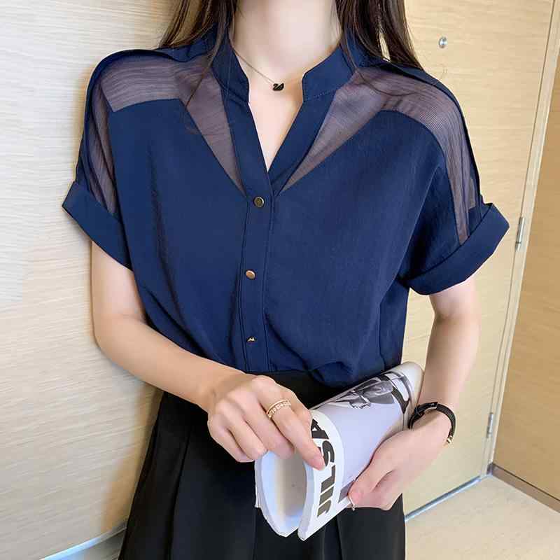 シャツ レディース トップス 半袖 Vネック シフォン チュニック プルオーバー ブラウス メッシュ ぽわん袖 無地 春夏 サマー シアー 透け感 ゆる感 体型カバー とろみ素材 カジュアル エレガント きれいめ オフィス 通勤 通学 デート デイリー