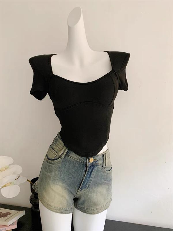 Tシャツ レディース 半袖 トップス カットソー 短め ショート丈 カップ付き 胸パッド付き Vネック バックオープン 露背 鏤空 透かし彫..