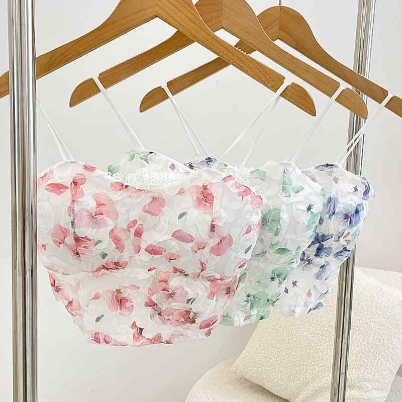 Rakuten - キャミソール レディース カップ付き タンクトップ インナー ノースリーブ チューブトップ ベアトップ セクシー 花柄 透け防止 通気性 バックシャン 美背中 伸縮性 ナイロン ショート丈 トップス インナーウェア かわいい ピンク 浅緑 浅青 夏