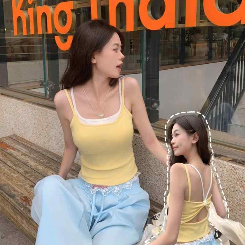タンクトップ レディース 春夏 キャミソール インナー ノースリーブ 重ね着風 レイヤード リボン バックシャンスタイル バックオープン カップ付き パッド入り 切り替え バイカラー スキニー スリム トップス レーヨン カジュアル ブラック ホワイト
