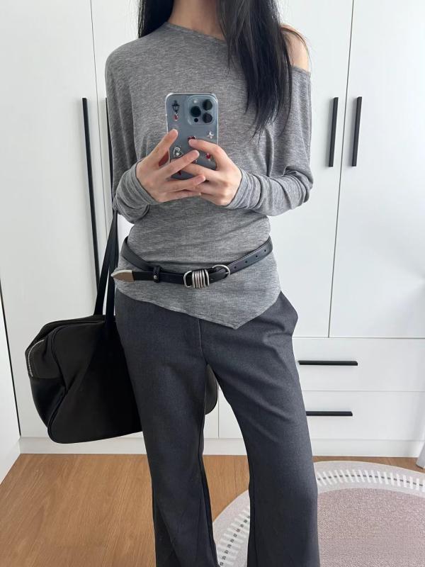 樂天商城 - ニット トップス レディース 秋冬 長袖 カットソー Tシャツ テンセル ウール混 切り替え オフショルダー ワンショルダー 斜めネック 変形ヘム アシンメトリー 蝙蝠袖 杢グレー ダークブラウン 通勤 カジュアル 普段使い