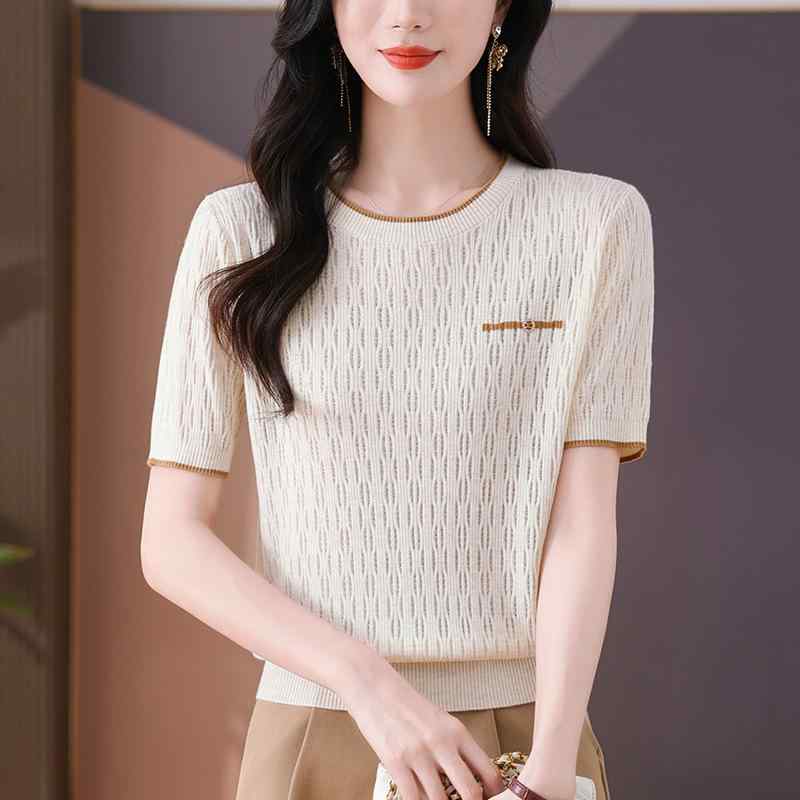 Tシャツ レディース 半袖 カットソー トップス サマーニット 接触冷感 涼しい 伸縮性 薄手 丸首 ラウンドネック 透かし編み ゆったり 体型カバー 着痩せ ミセス 母親 お母さん ママ 普段使い 通学 通勤 オフィス カジュアル ベージュ ピンク ブ