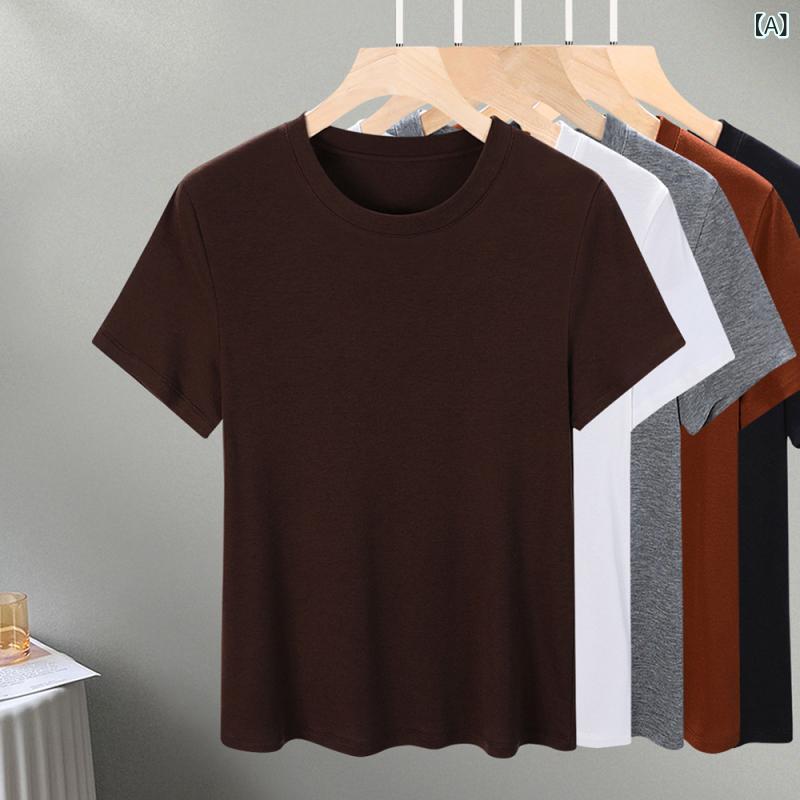 Rakuten - Tシャツ レディース 半袖 春夏 トップス カットソー 薄手 テンセル 羊毛 ウール混 丸首 ラウンドネック インナーシャツ 伸縮性 着痩せ 細見え 無地 柔らかい 普段使い 通勤 部屋着 マカロンカラー コーヒー ブラック ホワイト