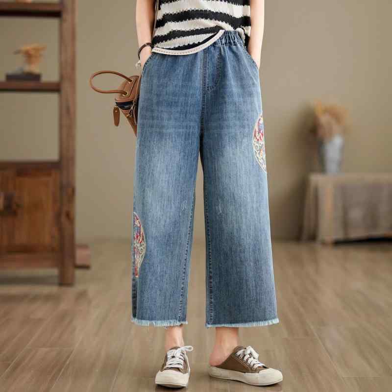 Rakuten - ジーンズ レディース デニムパンツ ジーパン クロップドパンツ 9分丈 綿 コットン 刺繍 高腰 ハイウエスト フリンジ ワイドパンツ ルーズフィット ゆったり 大きいサイズ ストレートパンツ カジュアル ポケット ストレッチ 伸縮性 浅藍 深藍 春夏