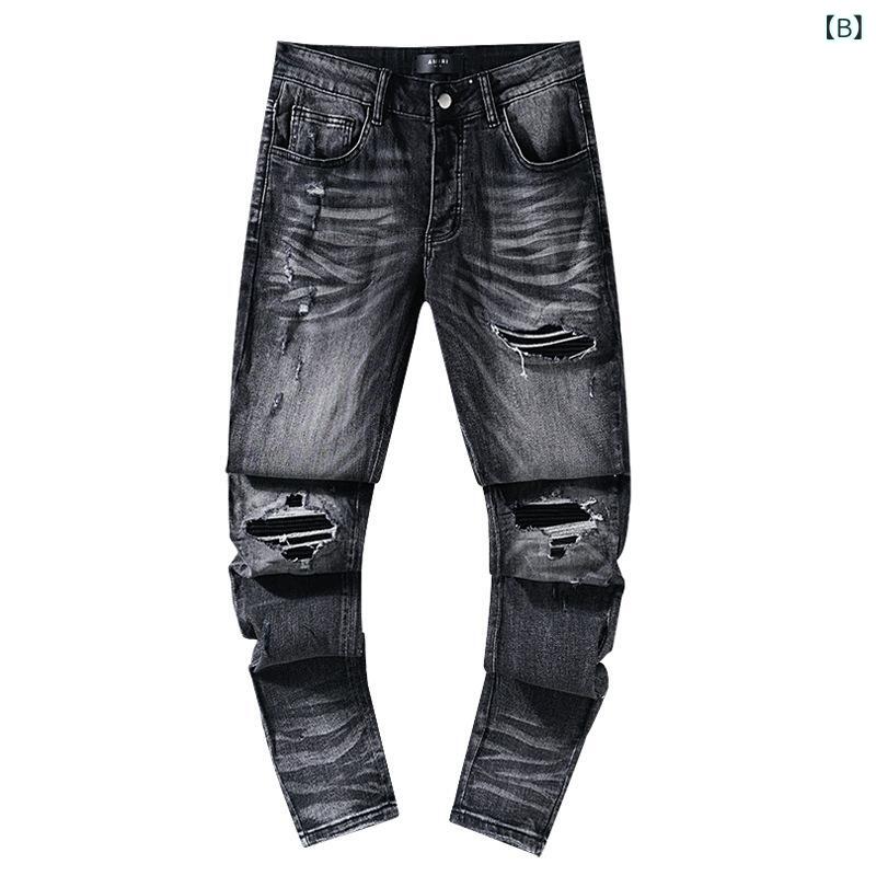 リメイクバディーのデニムパンツ メンズ ジーンズ ジーパン ズボン ボトムス ストレート ダメージ加工 クラッシュ パッチワーク リペア ヴィンテージ風 ユーズド加工 水洗 ウォッシュド コットン 綿 薄手 伸縮性 ストレッチ カジュアル ストリート 普段使い 春秋｜アングル3