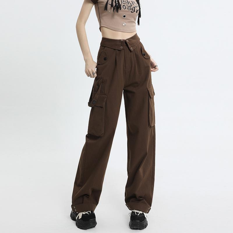 カジュアルパンツ レディース カーゴパンツ ロングパンツ ワークパンツ ストレートパンツ ボトムス ズボン 高位置ウエスト ロールアップ 切り替えデザイン マルチポケット 綿 コットン 伸縮性 日韓風 普段使い 通勤用 通学用 ブラウン ダークグレー