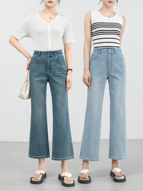 ジーンズ レディース デニムパンツ 微ラッパズボン 九分丈 ハイウエスト フレアパンツ ジーパン ボトムス 綿 伸縮性 快適 薄手 カジュアル 美脚 ストレッチ スリム 普段使い 通勤 日韓風 ホワイト 浅青 青
